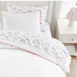 POTTERY BARN KIDS 100% COTTON PERCALE RAINBOW POM-POM DUVET COVER - FULL/QUEEN